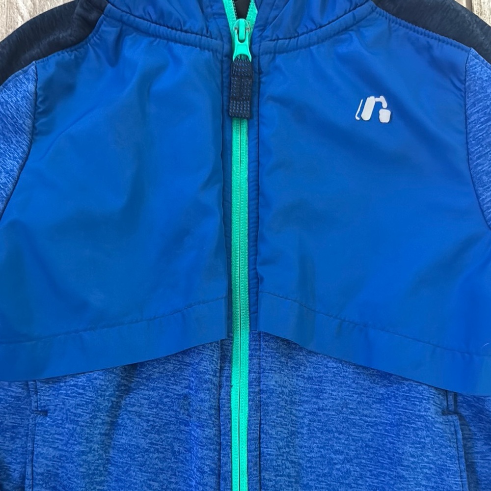Blue and Navy blue Hooded Jacket with Green Accents - Picture 2 of 10